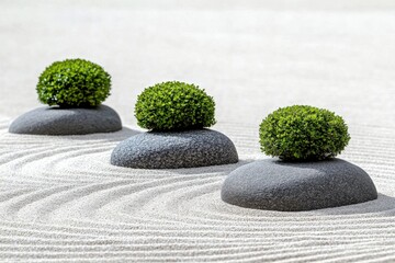 Zen Garden with Green Shrubs on Stones and Raked Sand