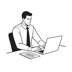 Black and white line art of a hardworking man at office desk with laptop and documents minimalist illustration