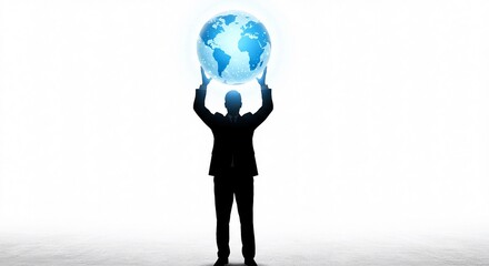 Obraz premium Silhouette of a businessman holding a glowing Earth.