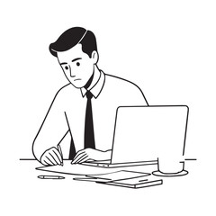 Black and white line art of a hardworking man at office desk with laptop and documents minimalist illustration