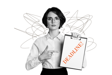 Composite photo collage of serious strict girl point deadline clipboard documentation executive worker isolated on painted background