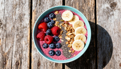 Colorful Smoothie Bowl with Berries, Banana, Granola, and Chia Seeds on Wooden Background