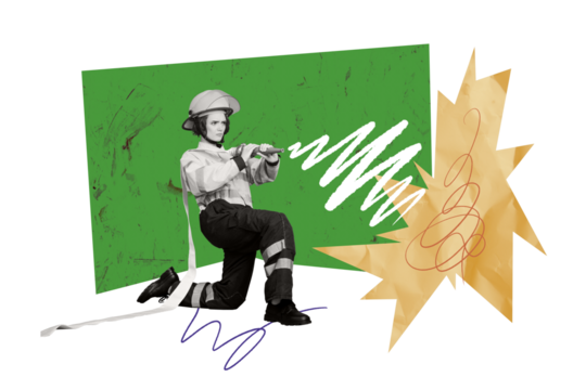 Composite photo collage of serious girl firefighter hold water hose rescue lifesaver job professional isolated on painted background