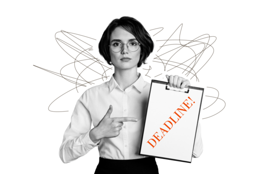 Composite photo collage of serious strict girl point deadline clipboard documentation executive worker isolated on painted background