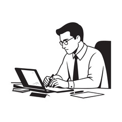 Black and white line art of a hardworking man at office desk with laptop and documents minimalist illustration