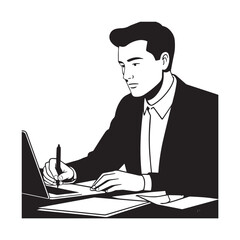 Black and white line art of a hardworking man at office desk with laptop and documents minimalist illustration