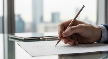 Hand writing document with pencil in modern office close up