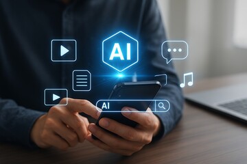 Person using smartphone with artificial intelligence mobile applications cloud computing multimedia icons futuristic technology innovation search data communication 