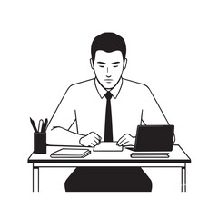 Black and white line art of a hardworking man at office desk with laptop and documents minimalist illustration