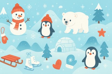 Seamless winter wonderland cartoon pattern for kids with snowmen, igloos, and penguins in soft cheerful winter colors for decor. Generative AI