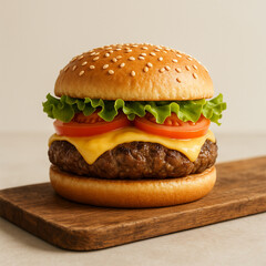 3D Realistic Halal Beef Burger on Wooden Platter