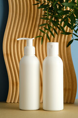 Two white bottles with pump and flip cap, wavy panel, green plant, blue background, minimalist cosmetic branding.