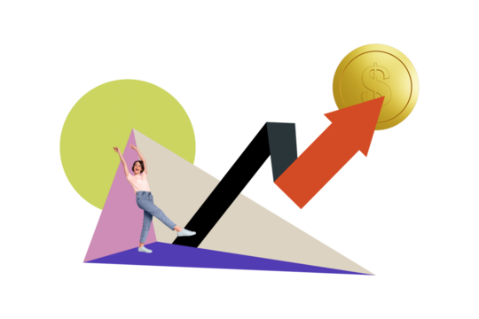 Collage young cheerful girl celebrate success victory dynamic arrow rise up growth golden coin token earnings profit dollar currency