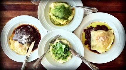 Four Ravioli Dishes with Different Sauces on Wood
