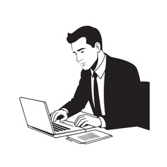 Black and white line art of a hardworking man at office desk with laptop and documents minimalist illustration