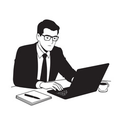 Black and white line art of a hardworking man at office desk with laptop and documents minimalist illustration