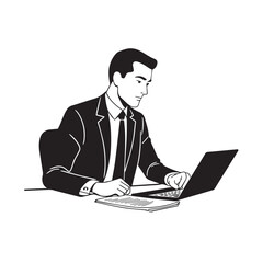 Black and white line art of a hardworking man at office desk with laptop and documents minimalist illustration