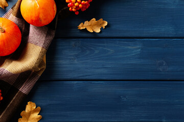 Flat lay with pumpkins, berries, and oak leaves on dark blue wood background. Autumn, fall, Thanksgiving concept.