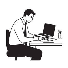 Black and white line art of a hardworking man at office desk with laptop and documents minimalist illustration