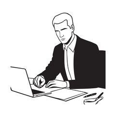 Black and white line art of a hardworking man at office desk with laptop and documents minimalist illustration