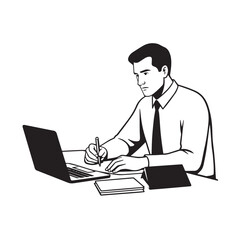 Black and white line art of a hardworking man at office desk with laptop and documents minimalist illustration
