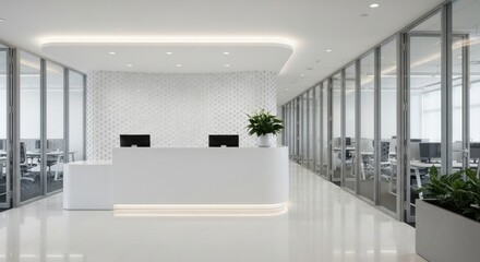 Fototapeta premium Modern Office Reception Area with Sleek White Design and Potted Plant
