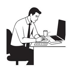 Black and white line art of a hardworking man at office desk with laptop and documents minimalist illustration
