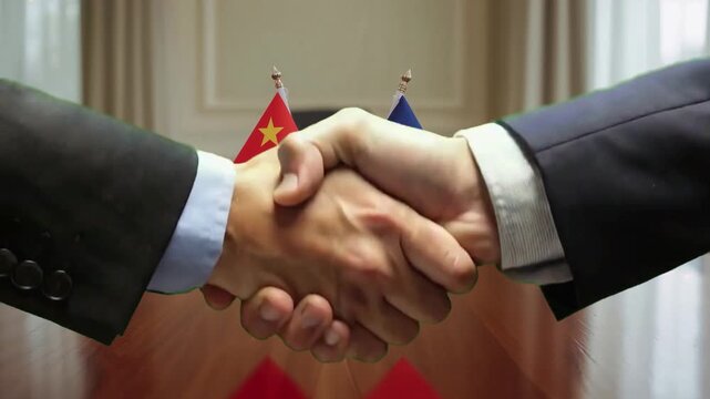 China and Taiwan flags representing negotiation on a polished table, symbolizing diplomacy and international relations in a global context video