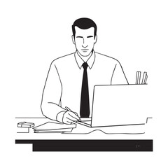 Black and white line art of a hardworking man at office desk with laptop and documents minimalist illustration