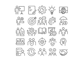 &ldquo;Business strategy and teamwork line icon set, outline style symbols of leadership, planning, innovation, and cooperation, modern thin line vector design&rdquo;