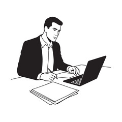 Black and white line art of a hardworking man at office desk with laptop and documents minimalist illustration
