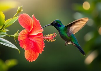 Fototapeta premium Emerald hummingbird sips nectar from a vibrant red hibiscus blossom