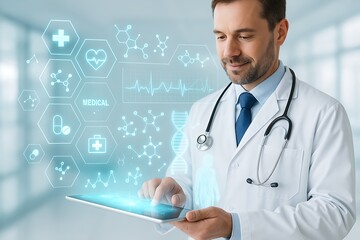 Doctor using futuristic digital tablet analyzing virtual healthcare dashboard with medical research technology innovation patient monitoring data treatment diagnostics hospital management 