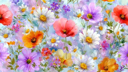 Whimsical floral pattern with daisies, poppies, and forget-me-nots in pastel, watercolor style