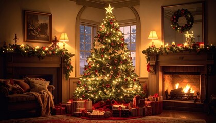 Cozy Christmas Tree Glowing in Warm Lit Living Room