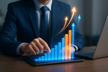 Business professional analyzing futuristic growth charts with financial progress success report increasing bar graphs economic results data visualization investment management planning development