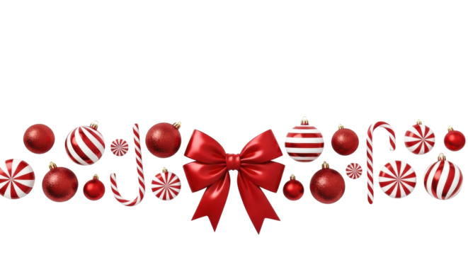 Red & white Christmas decoration border: satin bow, glittery ornaments, candy canes, peppermint candies, baubles, on transparent, copy space. Elegant holiday banner concept