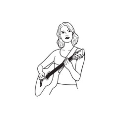 Black and white line art of a cool woman playing guitar in casual outfit minimalist stylish illustration
