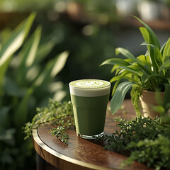 Outdoor Lifestyle Matcha Latte on Table with Plants