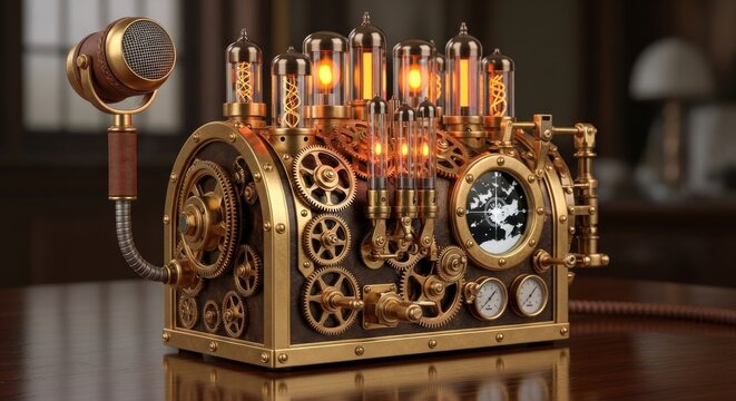 Steampunk Device with Glowing Tubes and Gears on Wooden Surface