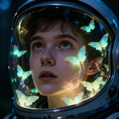 A child gazes up in wonder as magical glowing butterflies flutter inside their space helmet. A surreal concept of dreams and imagination.