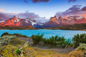 Torres Del Paine National Park, Chile. Sunrise at the Pehoe lake.
