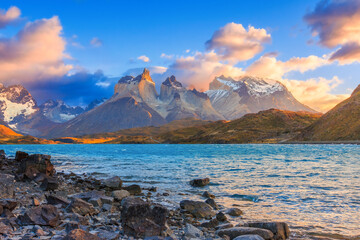 Torres Del Paine National Park, Chile. Sunrise at the Pehoe lake.