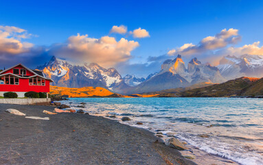 Torres Del Paine National Park, Chile. Sunrise at the Pehoe lake.