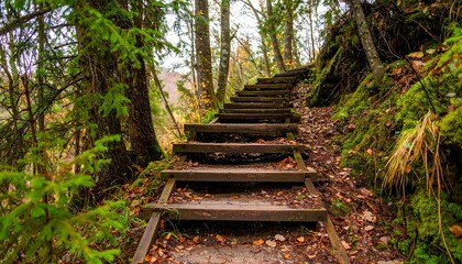 Wooden stairs winding through a forest