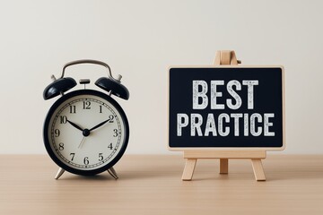 Classic black alarm clock and a modern chalkboard stand declaring "Best Practice" as a reminder for timely action, emphasizing efficiency and optimal business improvement