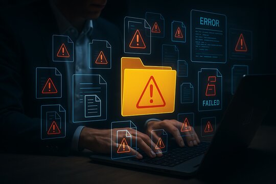 Business professional using laptop facing system warning with corrupted files digital error notification technology security failure data loss alert futuristic system management malfunction
