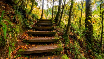 Wooden stairs ascend through autumn forest