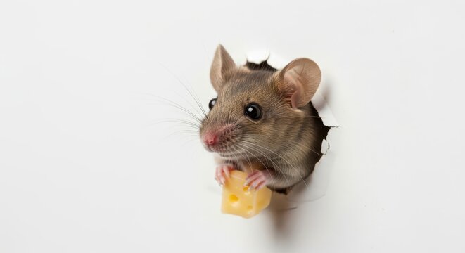 Cute mouse peeking through a hole eating cheese - Powered by Adobe