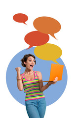 Vertical photo collage of happy girl hold laptop colorful bubble notification correspondence speech talk isolated on painted background